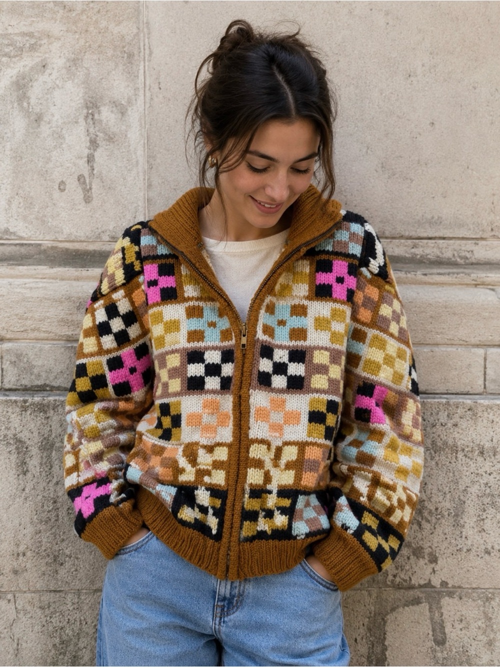 TACH Multicolor Checkered Zip-Up Sweater with Brown Trim